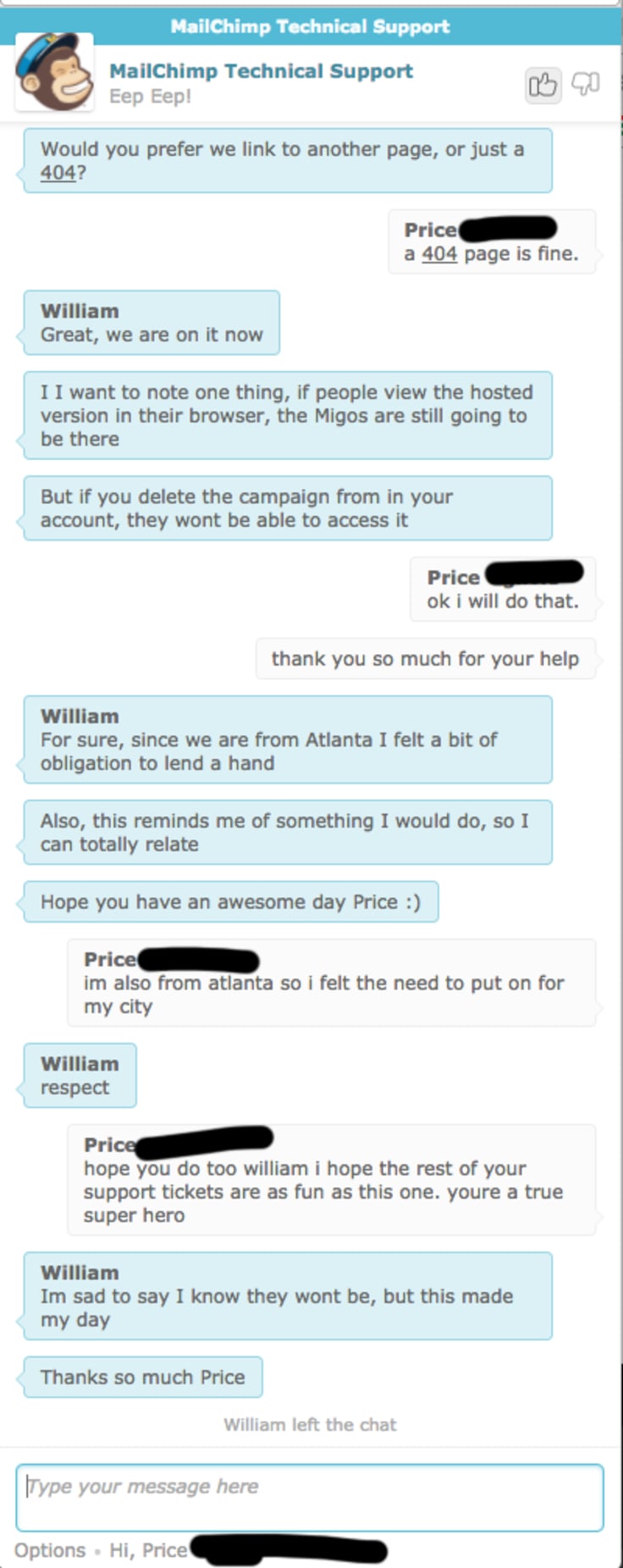 Mailchimp technical support chat window