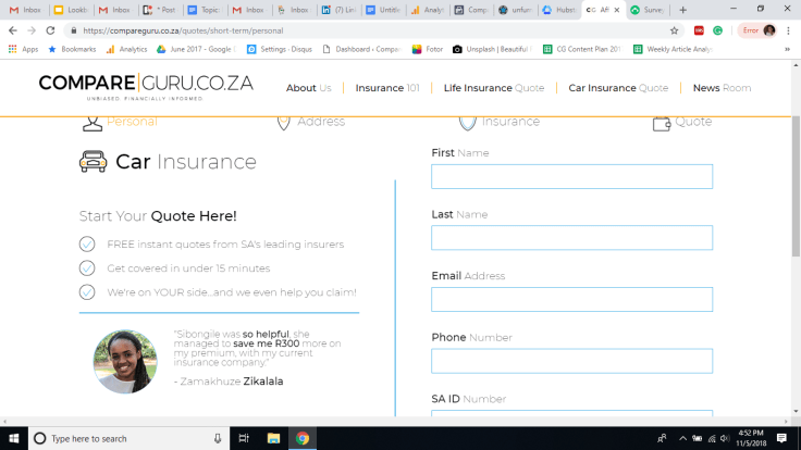 Compare guru customer information capture form