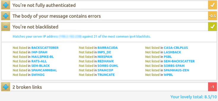 MailTester’s blacklist report