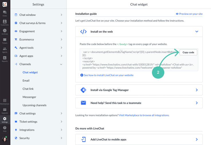 LiveChat installation code