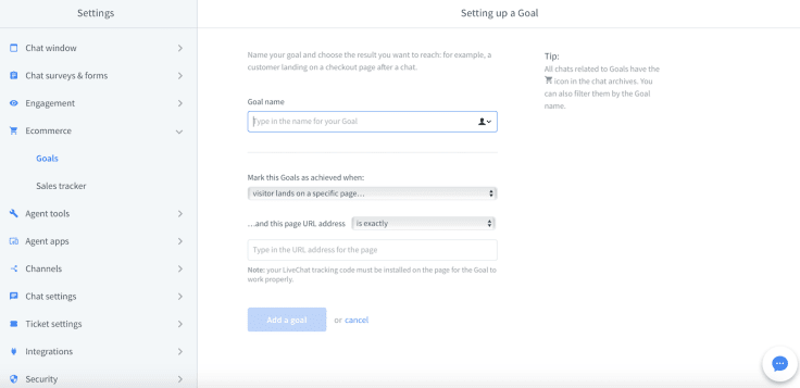 LiveChat setting up goals