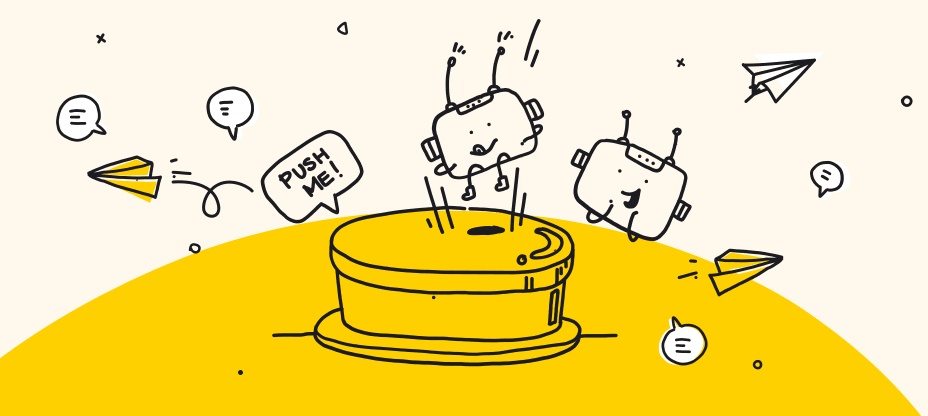smiling chatbots pressing a big yellow button