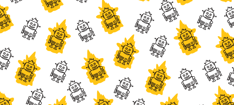 a lot of robots on a yellow and white background