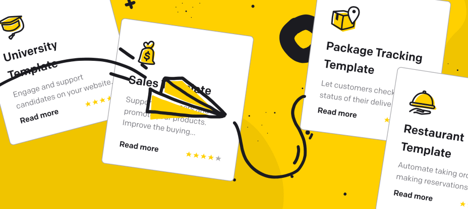 The cards presenting different chatbot templates on a yellow background