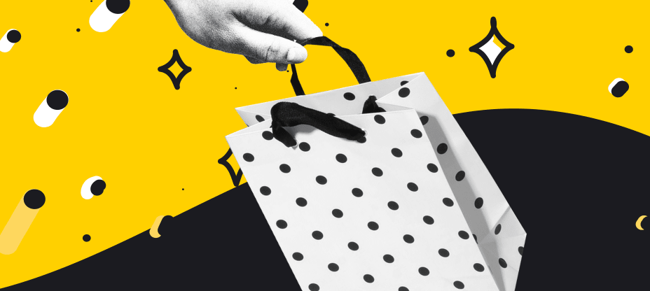 the shopping bag on a balck and yellow background