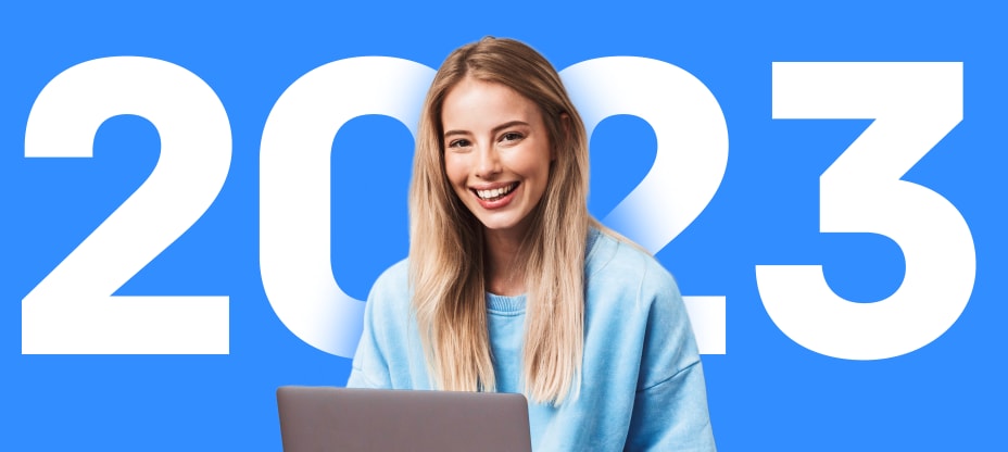 a young woman typing on a computer, 2023 in the background