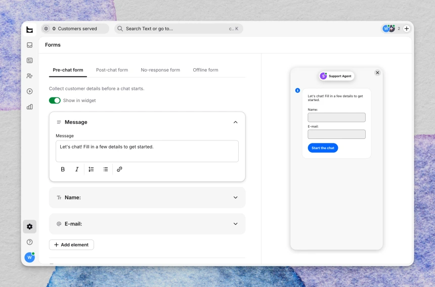 Pre-chat forms in Settings