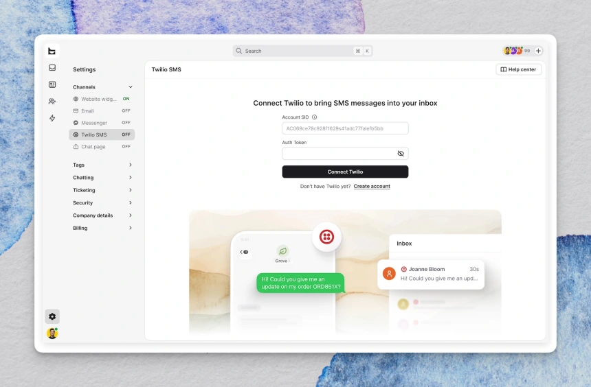 Text app Twilio SMS integration settings page with fields for Account SID and Auth Token, allowing users to connect Twilio and route SMS messages into the inbox. The interface includes a left sidebar with communication channels such as Website widget, Email, Messenger, Twilio SMS, and Chat page, plus a preview illustration of SMS conversations appearing in the inbox.