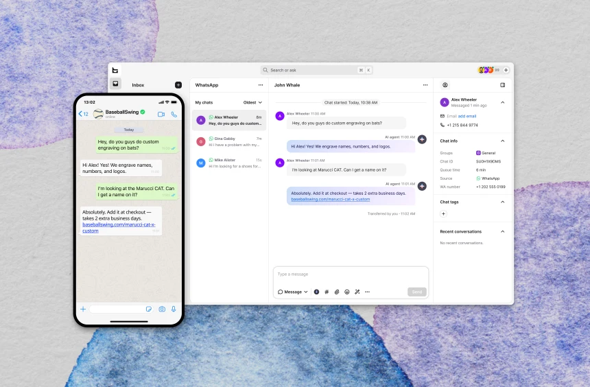 Side-by-side view of a WhatsApp customer conversation and the same chat as it appears in the Text inbox for agents.