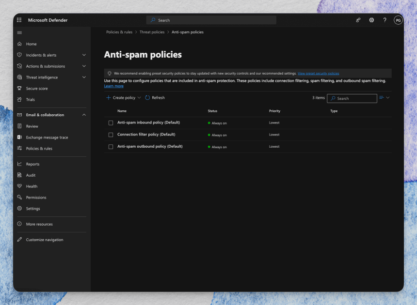 Microsoft 365 Anit-Spam Policy