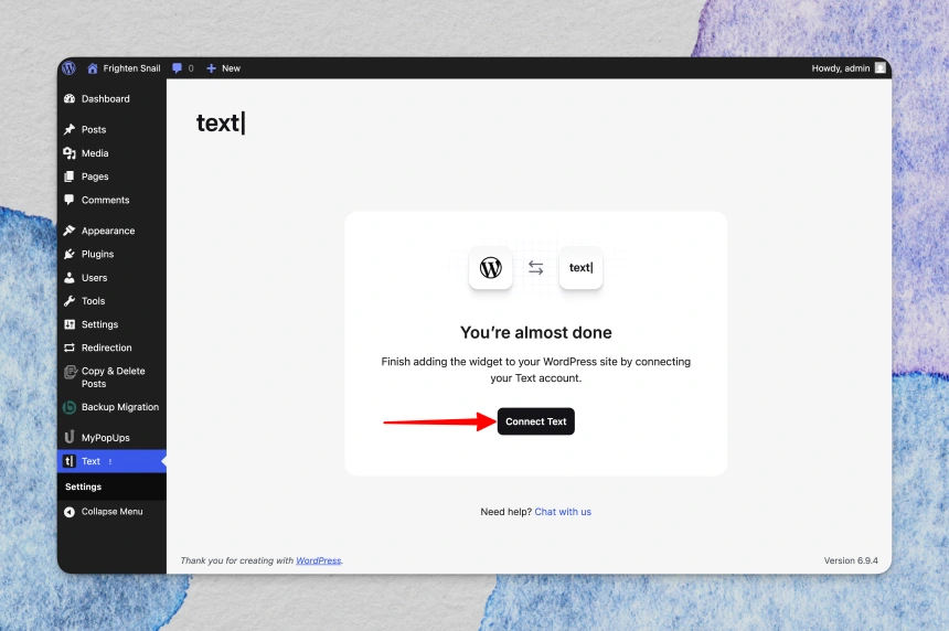 WordPress dashboard showing the Text plugin setup screen with a highlighted ‘Connect Text’ button.