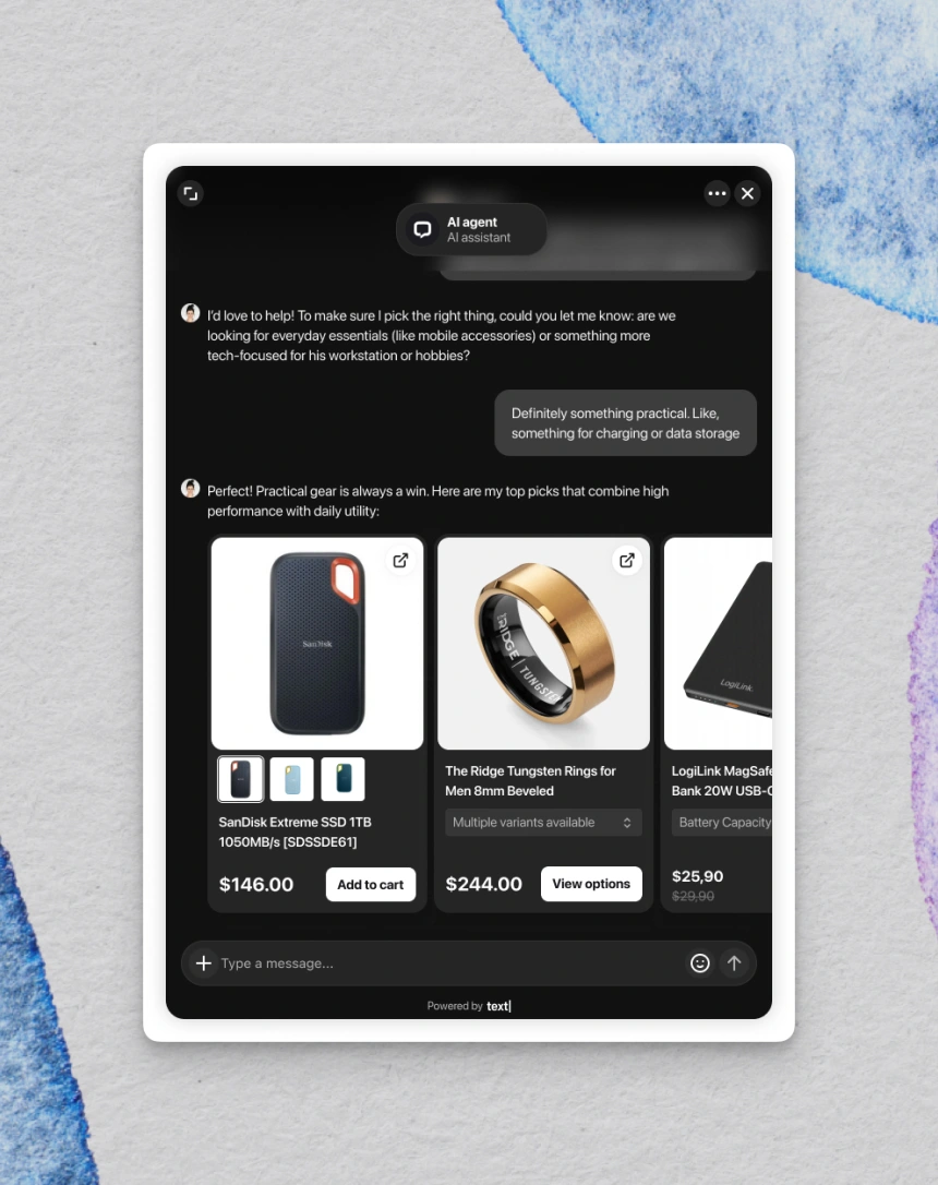 AI agent chat showing recommended product cards with images, variant selectors, prices, and Add to cart or View options buttons.