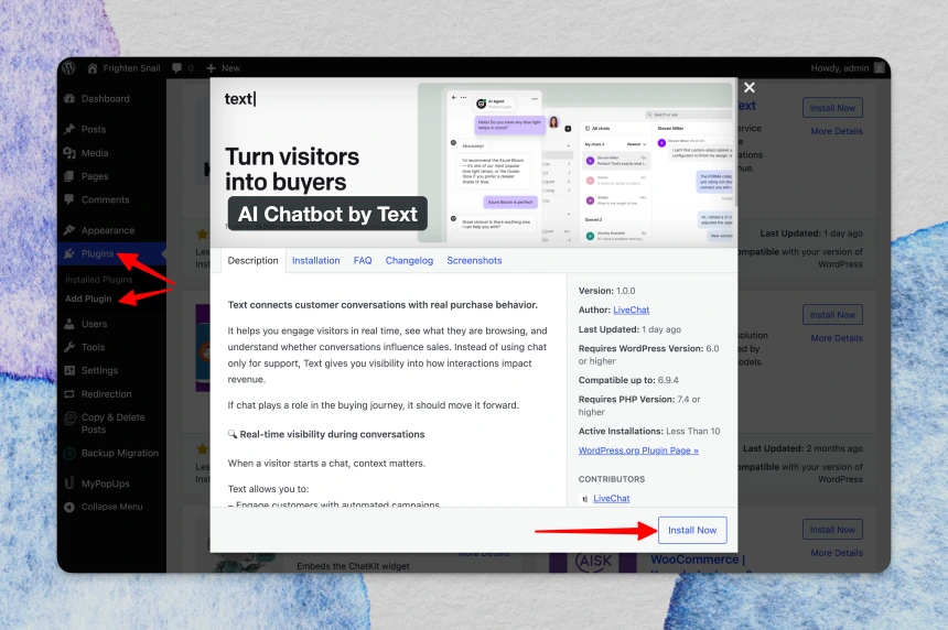 WordPress Plugins page showing the ‘AI Chatbot by Text’ plugin and highlighted ‘Install Now’ button.