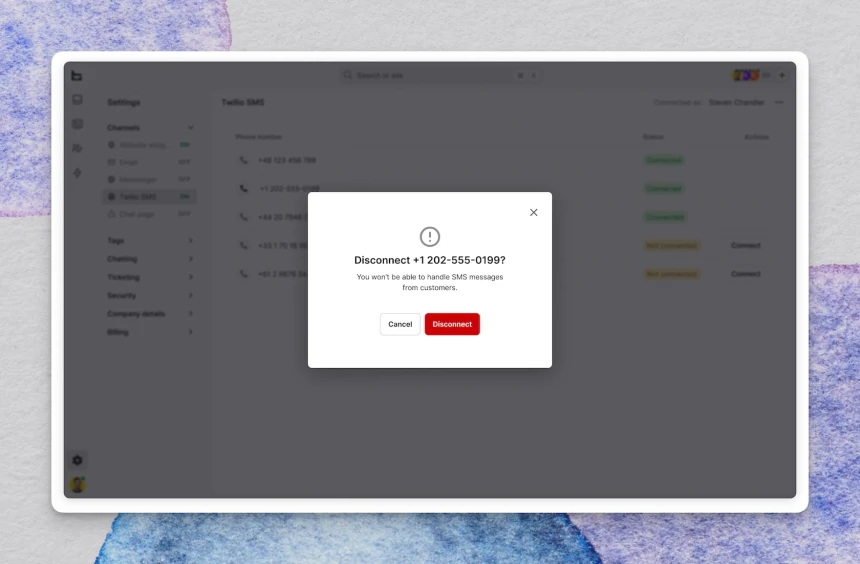Text app Twilio SMS settings page displaying a confirmation modal to disconnect a phone number from the platform. The dialog warns that SMS messages from customers will no longer be handled and provides Cancel and Disconnect action buttons, while the Twilio SMS integration dashboard remains visible in the background.