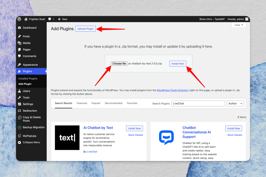 WordPress Add Plugins page showing the Text plugin ZIP upload process with highlighted ‘Upload Plugin,’ ‘Choose file,’ and ‘Install Now’ buttons.