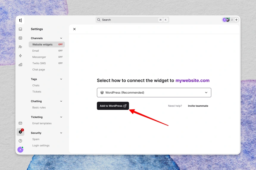 Text widget setup screen showing WordPress selected as the connection method and highlighted ‘Add to WordPress’ button.