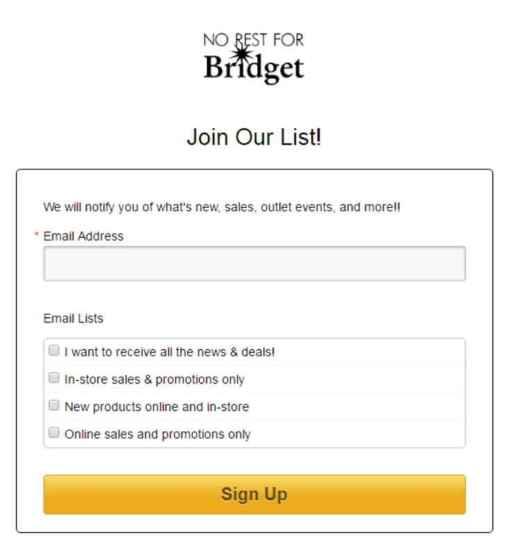 No Rest For Bridget email marketing