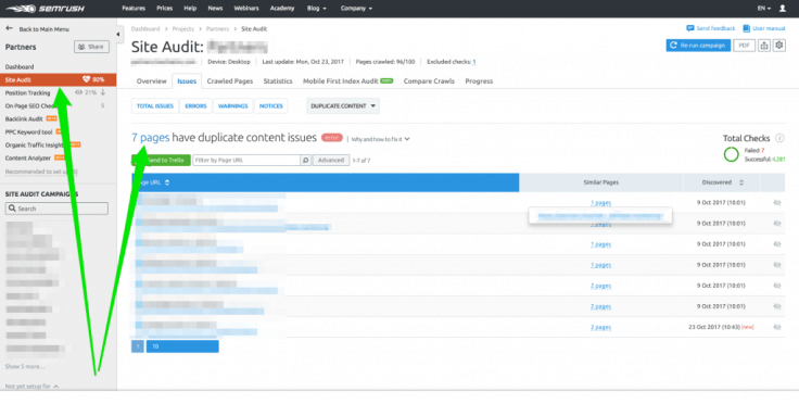 semrush site audit dashboard