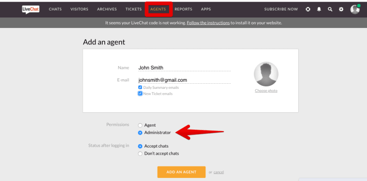 adding agent to livechat license