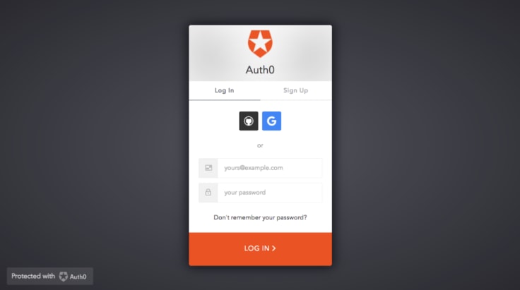 AuthO login page allowing users to skip the process of creating new accounts and login using existing social media profiles on GitHub or Google.
