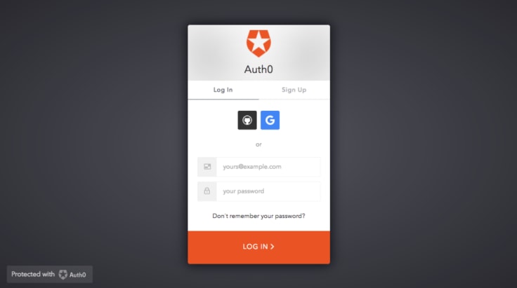 AuthO login page allowing users to skip the process of creating new accounts and login using existing social media profiles on GitHub or Google.