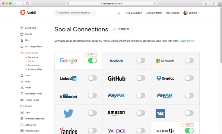 AuthO social media configurator allowing users to log in using their social accounts like Twitter, GitHub, Google, and Facebook.