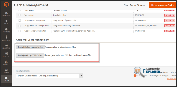 Magento store Chache Management tool with Flush Magento cache marked 