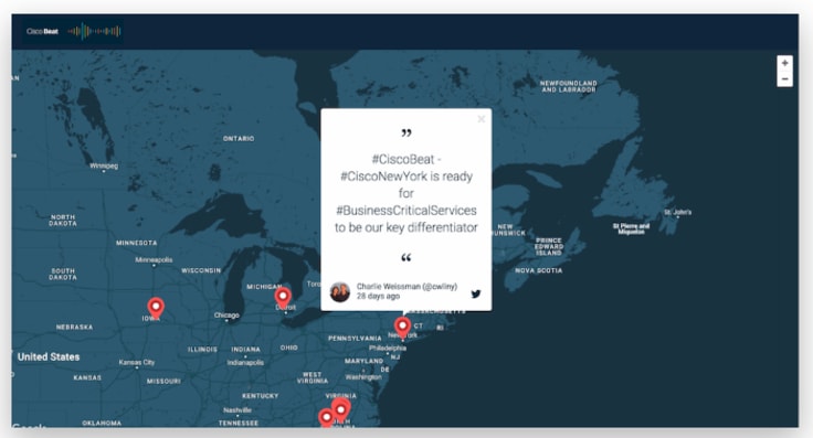 Cisco social wall in the form of interactive map of The United States that displays Cisco employees' hashtags