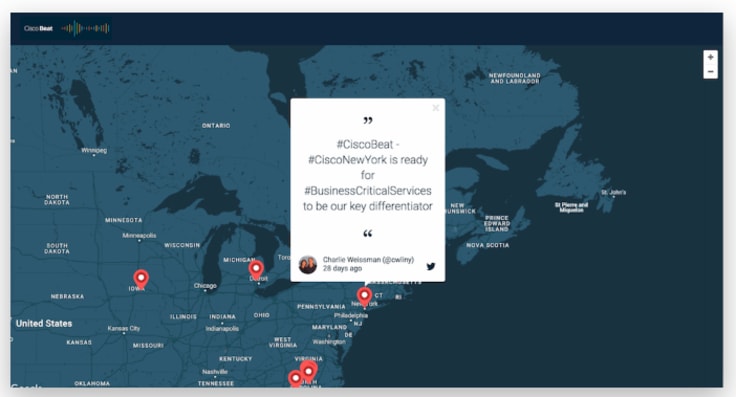 Cisco social wall in the form of interactive map of The United States that displays Cisco employees' hashtags 