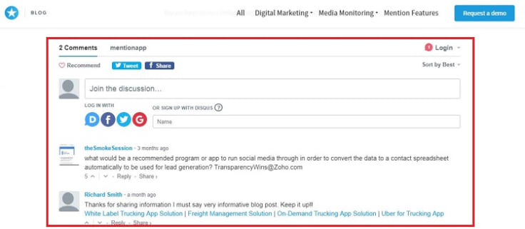 Using Disqus on Mention social media marketing suite as an example of commenting platform's adoption.