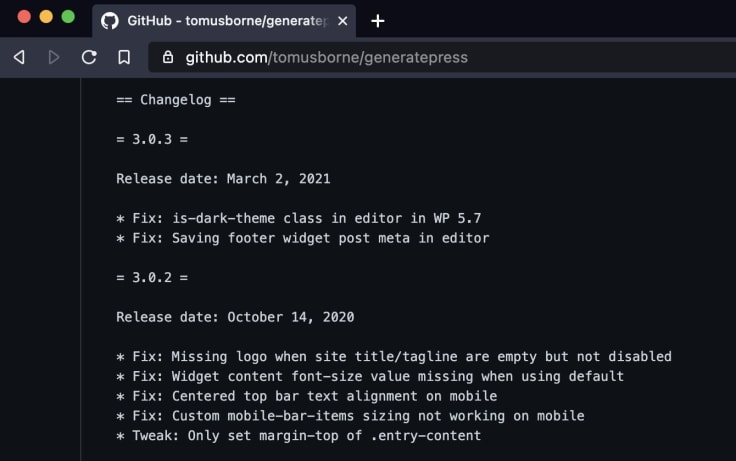 changelog generatepress