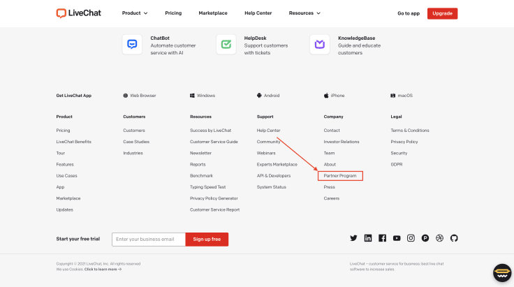 livechat webpage footer with partner program highlighted