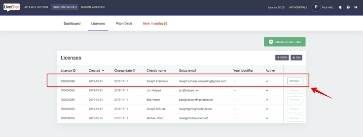 A table with the list of LiveChat licenses created by the LiveChat Solution Partner