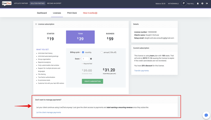 The section that transfers licenses in LiveChat Solution Partner Program