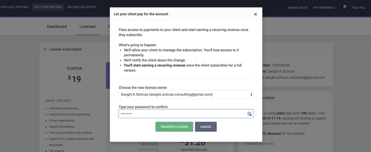 The modal that allows LiveChat Solution Partners to transfer access to the subscription view to their clients