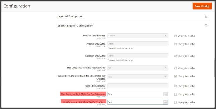 Magento search engine optimization configurator with canonical link meta tags enabled to avoid duplicate content