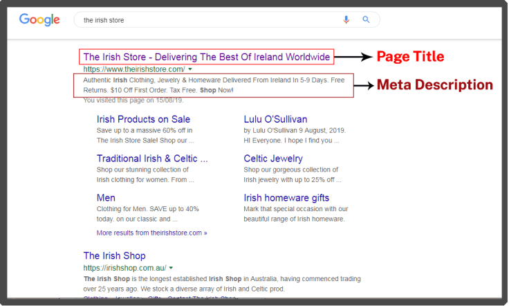 Example of correctly described page title and meta description in SERP for Magento ecommerce store.