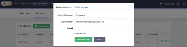 new license creation modal