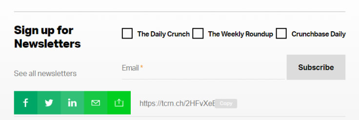 TechCrunch social media sharing technique includes adding sharing buttons on the bottom of content posts. 