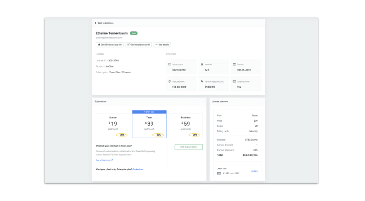 New licenses details section in the LiveChat Partner Application