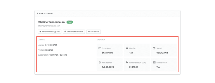 New license overview description in the LiveChat Partner Program Application