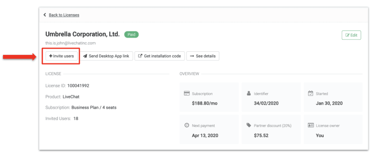 license details section in the LiveChat Partner Program Application with Invite users feature marked