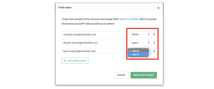 modal for adding agents in LiveChat Partner Program with roles assigning option marked