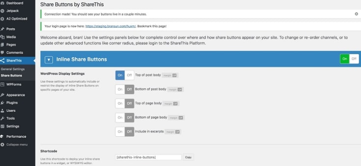 ShareThis social media sharing configurator available in WordPress content management dashboard