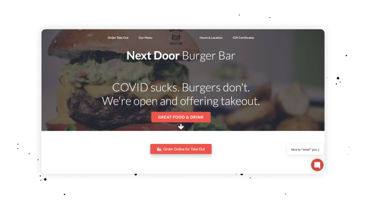 Chatbot greeting shown on a burger bar website