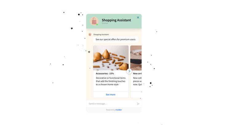 personalized recommendations presented via cards in a chatbot widget