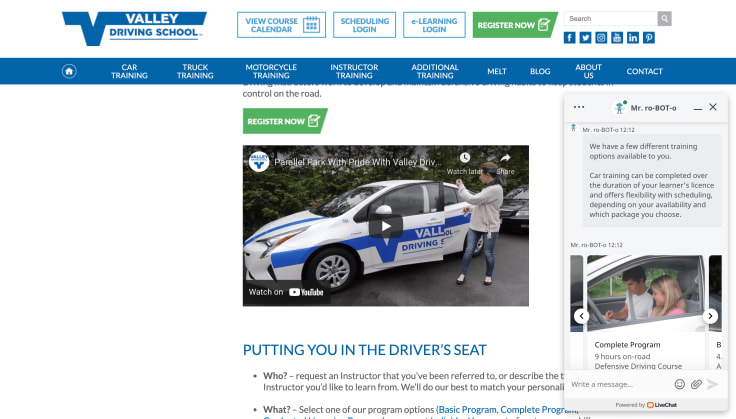 Valley Driving School chatbot promoting their courses 