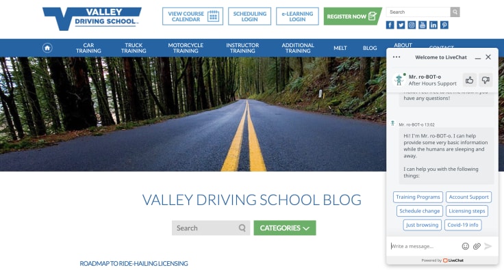 Valley Driving School chatbot on their webiste