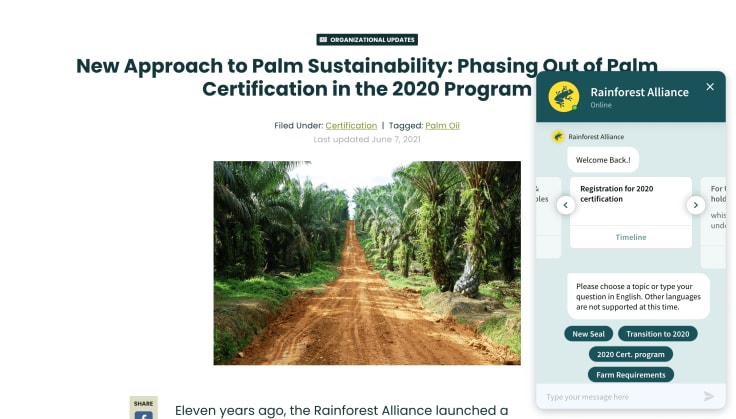 rainforest alliance sharing their video via a chatbot