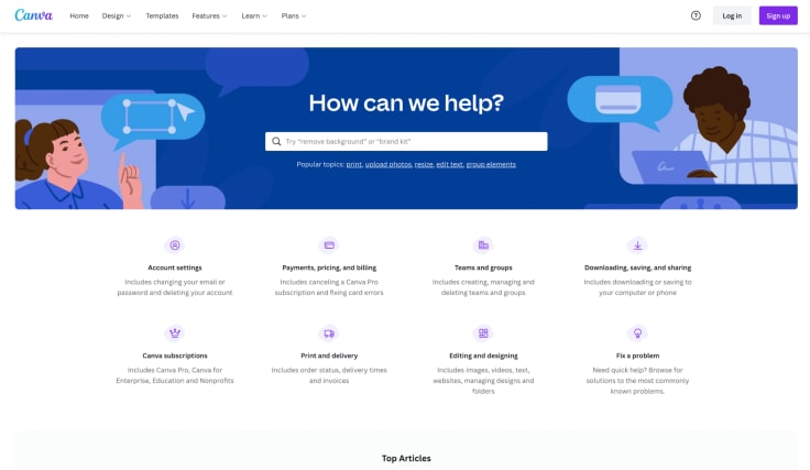 the canva online it help center as one of the best knowledge base examples